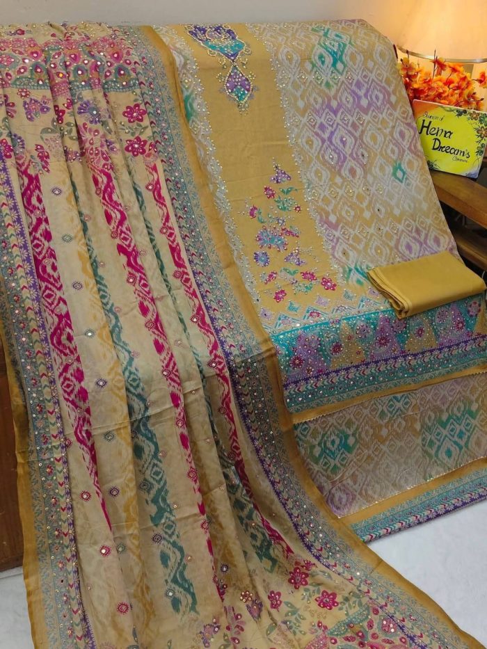 প্রিমিয়াম কটন মিরর ও চুনরি ডিজাইন থ্রি-পিস সেট - Image 1