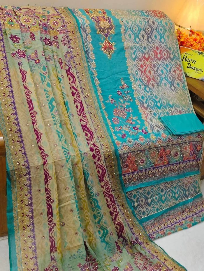 প্রিমিয়াম কটন মিরর ও চুনরি ডিজাইন থ্রি-পিস সেট - Image 1